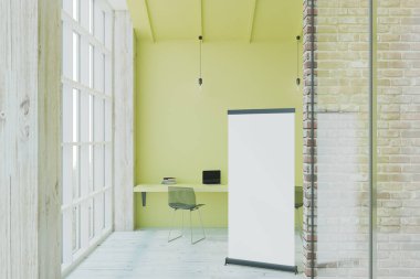 Ofiste Eko Stil hafif tuğla ve cam walls.3d render boş beyaz poster