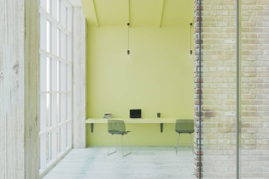 Eko Stil office tavan kat penceresinden, ahşap zemin, tuğla ve cam duvarlar ile ışık. 3D render