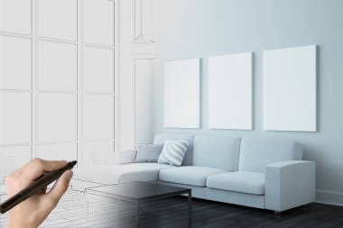 El duvara minimalist oturma odası boş posterler ile kroki çizimi. 3D render