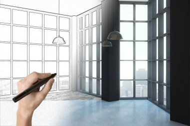 şehir manzaralı modern loft office çizim taslağını zeminden tavana uzanan penceresinden el. 3D render