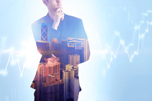 Double Exposureof Thinking Businessman Megapolis Skyscrapers Business Chart Abstract Light — Stock Photo, Image