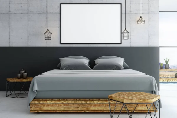 Blank White Poster Black Picture Frame Wooden Bed Minimalstic Style — Stock Photo, Image