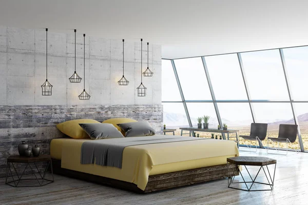 Graue Und Gelbe Farben Loft Stil Schlafzimmer Mit Holzmöbeln Darstellung — Stockfoto
