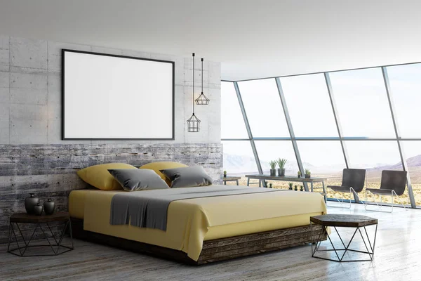 Weißes Blanko Poster Mit Bilderrahmen Betonwand Über Modernem Bett Loft — Stockfoto