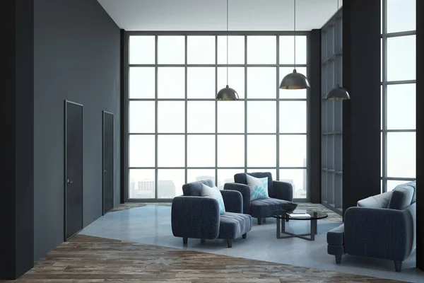Modernes Zimmer Loft Stil Mit Möbeln Deckenhohen Fenstern Türen Beton — Stockfoto