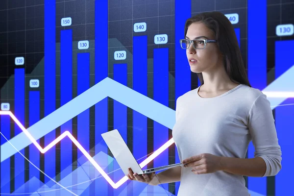 Businesswoman Glasses Laptop Making Presentatiton Financial Chart Background Render — Stock Photo, Image