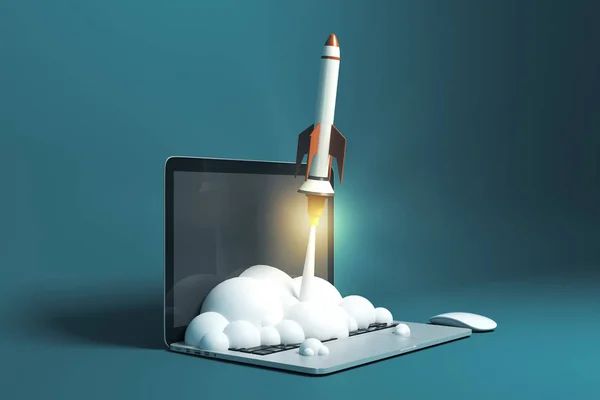 Startup Business Innovation Creative Technology Concept Rocket Starts Space Laptop — Stock Photo, Image