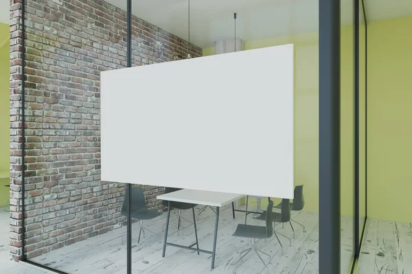 Blank white sign on glass wall in modern eco loft office with wooden floor and brick wall. 3D render