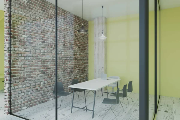 レンガとガラスの壁と木製の床でミニマルな家具とモダンなエコ スタイルの会議室 のレンダリング — ストック写真