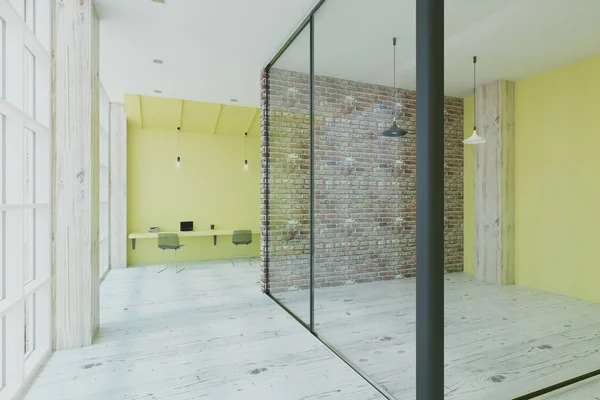 Empty space with glass and brick walls in eco loft office with wooden floor and ceiling-to-floor window. 3D render