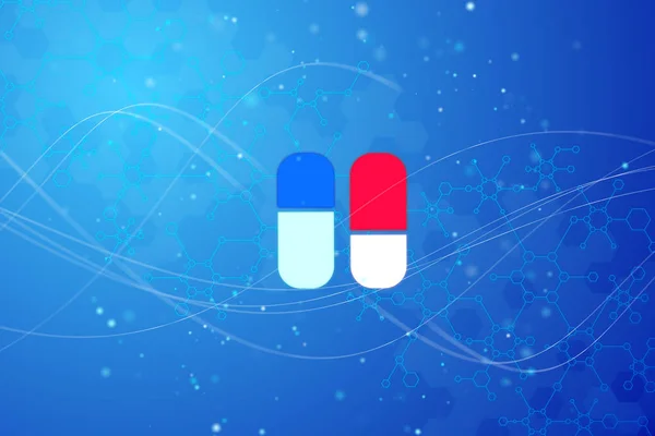 blue and red magic pills at abstract tech chemistry background. 3D render