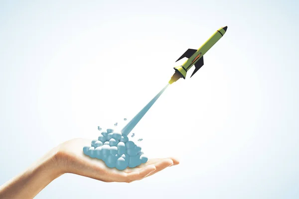 Startup Concept Green Rocket Flying Out Human Hand White Background — Stock Photo, Image