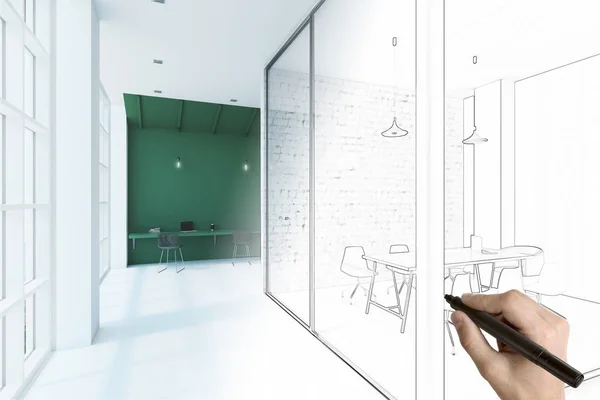 human hand drawing sketch of modern eco office with conference room. 3D render