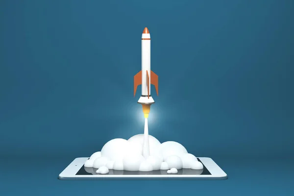 Start Concept Rocket Flying Out Digital Tablet Screen Render — Stock Photo, Image