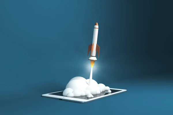 Start Concept White Rocket Flying Out Digital Tablet Screen Blue — Stock Photo, Image