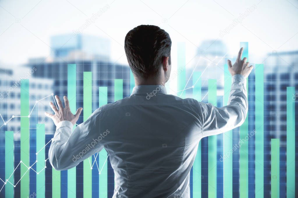 businessman touching digital sensor screen with forex chart graphs at city background. 3D render