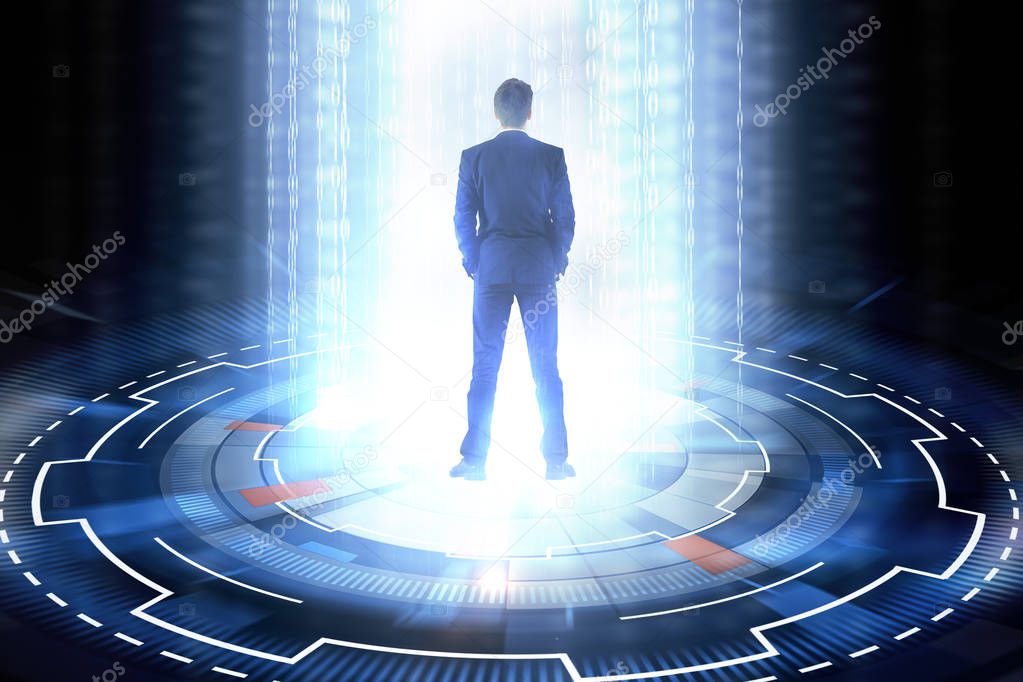 businessman in the center of digital cyber button with binary code. 3D render