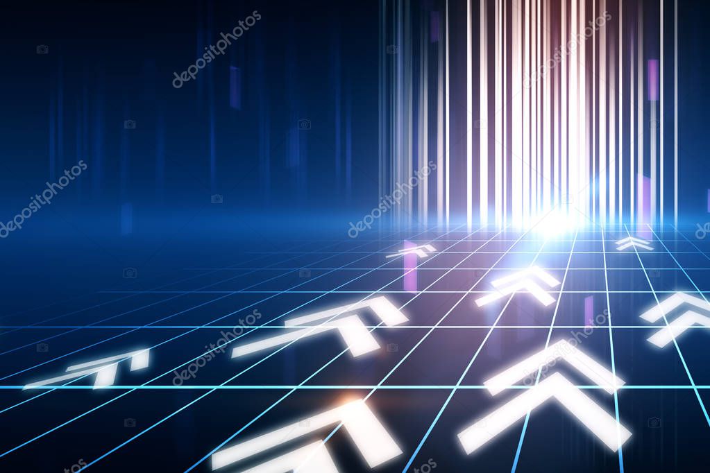 Digital glowing arrows with abstract dark background. 3D render