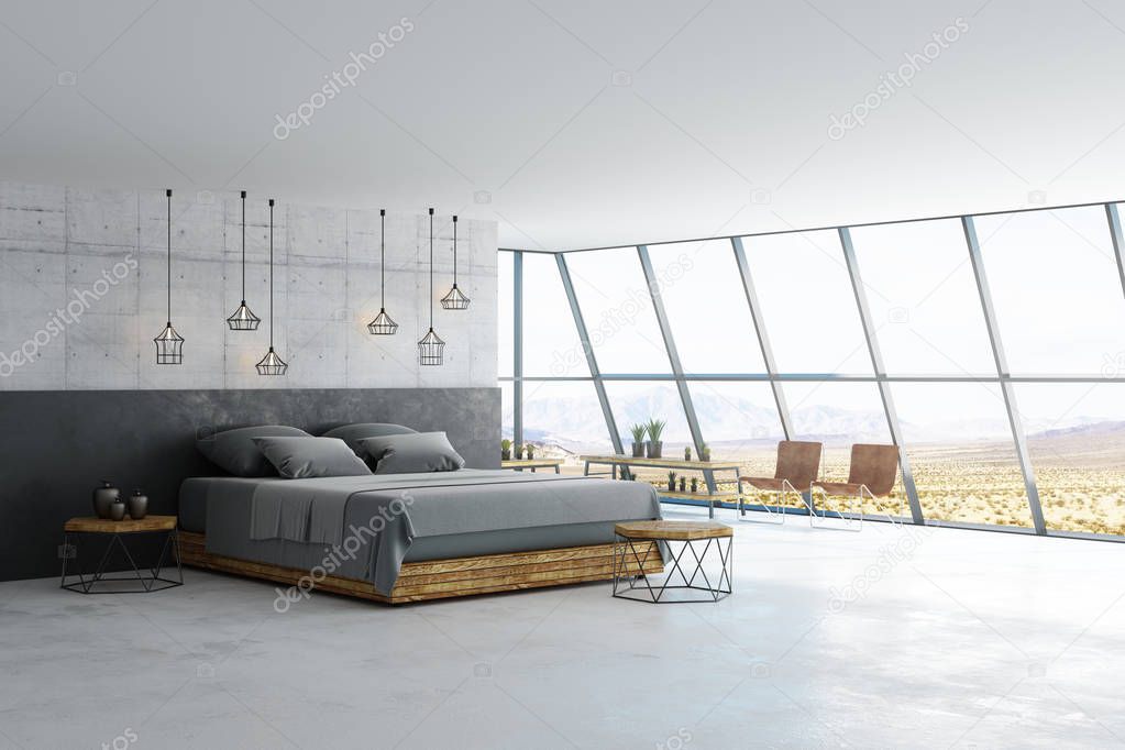 general view on loft room with concrete floor and minimalistic furniture. 3D render