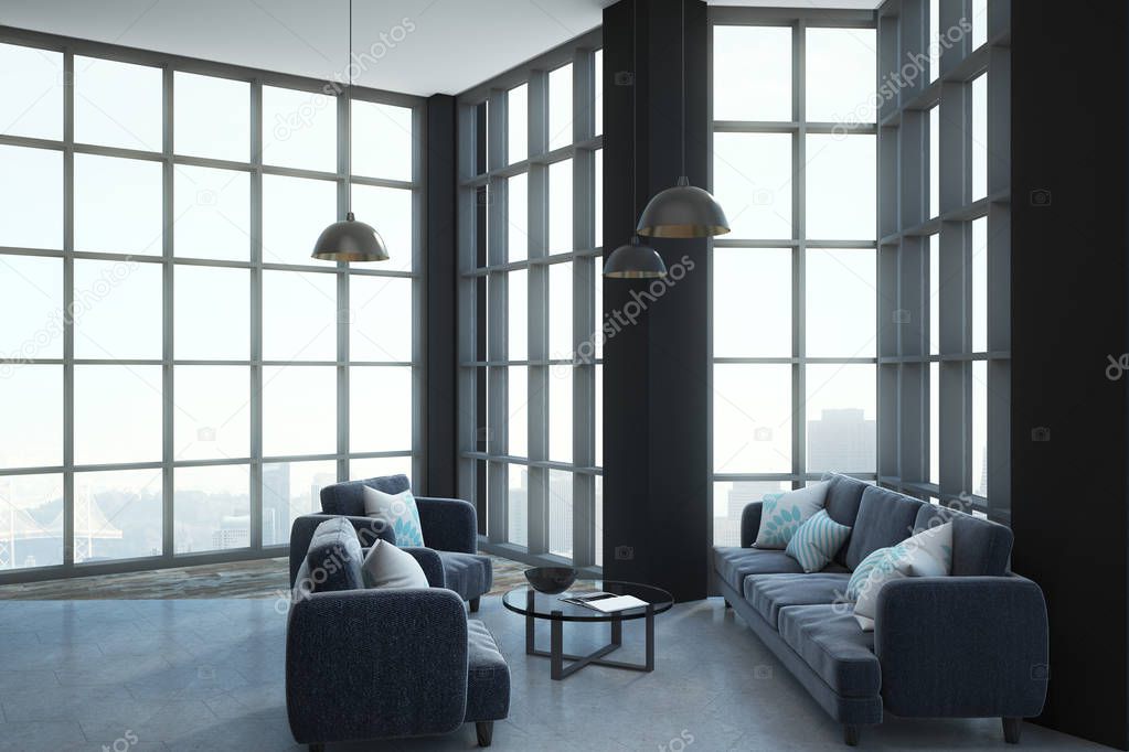 Modern loft style room with furniture,floor-to-ceiling window, concrete floor and megapolis city view. 3D render