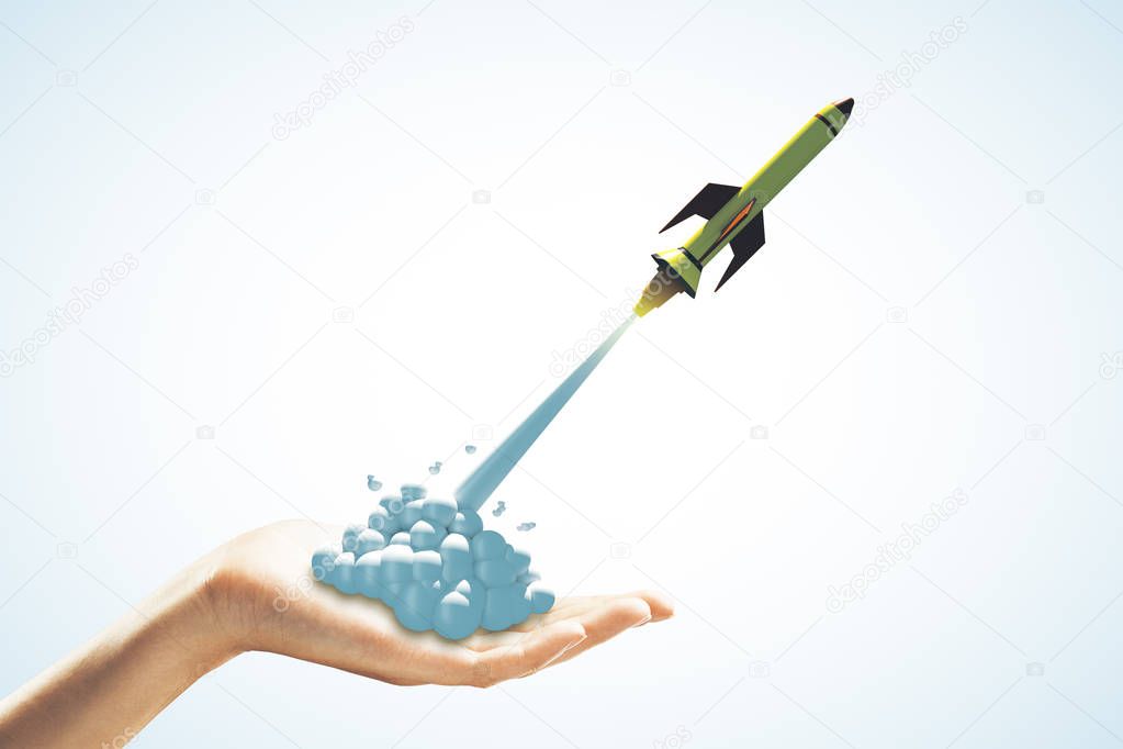 startup concept with green rocket flying out of human hand at white background. 3D render