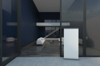 boş beyaz poster outddors ve modern oturma odası windows arkasında. 3D render