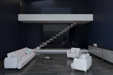 oturma odası ışık mobilya, Donanma duvarlar, ahşap zemin ve ikinci kata giden merdiven ile modern tasarımı. 3D render