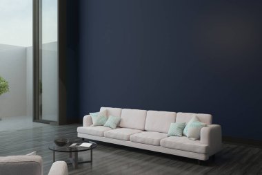 oturma odası ışık mobilya, boş Donanma duvar, ahşap zemin ve büyük pencere ile modern tasarımı. 3D render