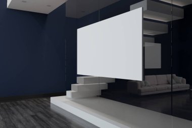 Büyük boş beyaz poster üzerinde cam duvar ahşap zemin ile modern oturma odasında. 3D render
