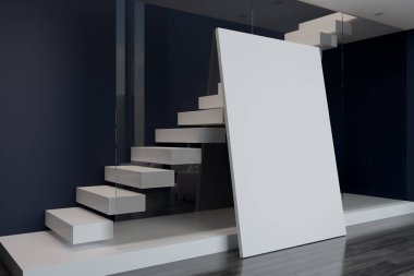 büyük boş beyaz poster ile beyaz merdiven cam duvar modern daire içinde yer almaktadır. 3D render