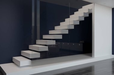 boş beyaz döşeme zemin ve cam duvar ını modern daire arkasında beyaz merdiven arasında. 3D render