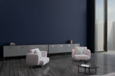 boş mor duvar ahşap zemin, pudra rengi mobilya ve zeminden tavana uzanan pencere ile modern oturma odasında. 3D render
