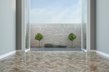 Önden görünüm modern boş ışık oturma odası parke ile gelen ahşap kavram bankta. 3D render