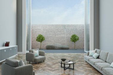 Önden görünüm parke ve gri mobilya ile modern ışık oturma odasından ahşap kavram bankta. 3D render