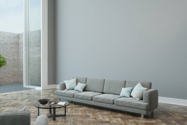 oturma odası ışık mobilya, boş gri duvar, ahşap zemin ve büyük pencere ile modern tasarımı. 3D render