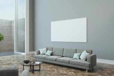 büyük boş beyaz poster gri duvar ışık mobilya, büyük pencere ve cam sehpa modern oturma odasında. 3D render