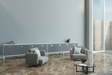 boş gri duvar parke, gri renk mobilya ve zeminden tavana uzanan pencere ile modern oturma odasında. 3D render