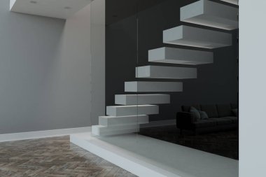 modern daire içinde cam duvarın arkasında ikinci katta önde gelen beyaz merdivenlerde yan görünüm. 3D render