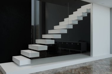 boş beyaz levha arasında iki kat ve beyaz merdiven parke ile modern oda cam duvarın arkasında. 3D render