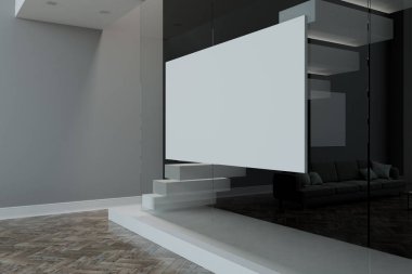 Büyük boş beyaz poster üzerinde cam duvar parket ve ışık gri duvarlar ile modern oturma odasında. 3D render
