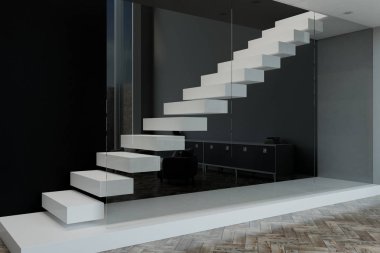 modern daire içinde cam duvarın arkasında ikinci katta önde gelen beyaz merdiven. 3D render