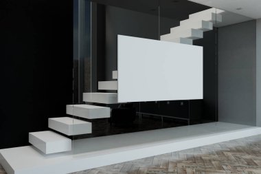 Büyük boş beyaz poster üzerinde cam duvar ahşap zemin ile modern oturma odasında. 3D render