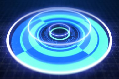 Dağıtım ve pazarlama planı cyber düğmesini soyut bulanık teknik arka plan. 3D render