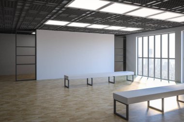 Beyaz banklar ile yan görünüm parke zemin ve zeminden tavana uzanan window.3d renderin-loft tarzı sergi beyaz boş afiş Galerisi