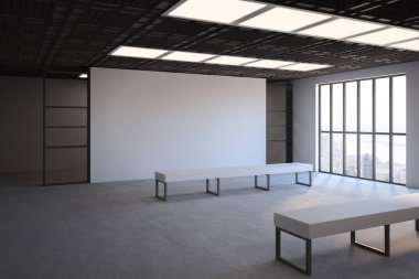 Beyaz banklar ile yan görünüm beton zemin ve zeminden tavana uzanan window.3d renderin-loft tarzı sergi beyaz boş afiş Galerisi