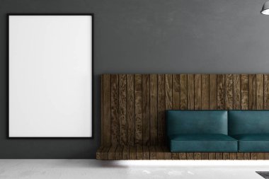 Soldaki vintage deri yeşil mobilya loft tarzı oda karanlık duvarda büyük boş ana başlık. 3D render