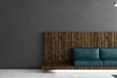 modern çatı oda karanlık duvar ve ışık kat yeşil deri kanepe parçası. 3D render