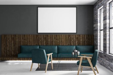 vintage zümrüt deri mobilya ve şehir manzaralı açık görünümü modern loft tarzı oturma odasında karanlık duvara boş posteri. 3D render