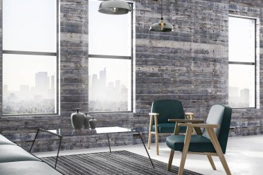 Zümrüt deri koltukları minimalist loft tarzı oturma odası ahşap duvar ve şehir içinde büyük pencerelerden görüntüleyin. 3D render