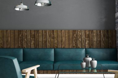 Önden görünüm yeşil deri kanepe modern çatı odasında. 3D render